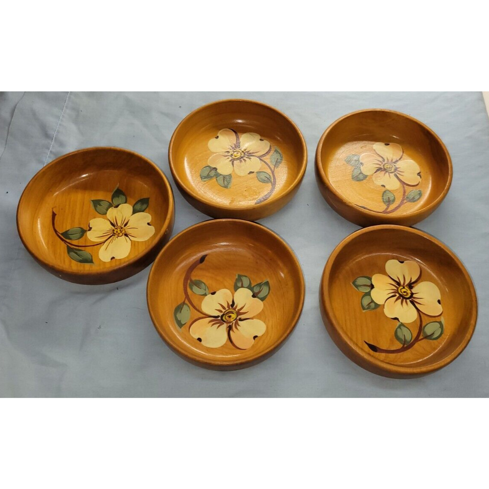 Wolverine Dowel Works #821 Set of 5 Floral Painted Wooden Bowls Grand Rapids MI